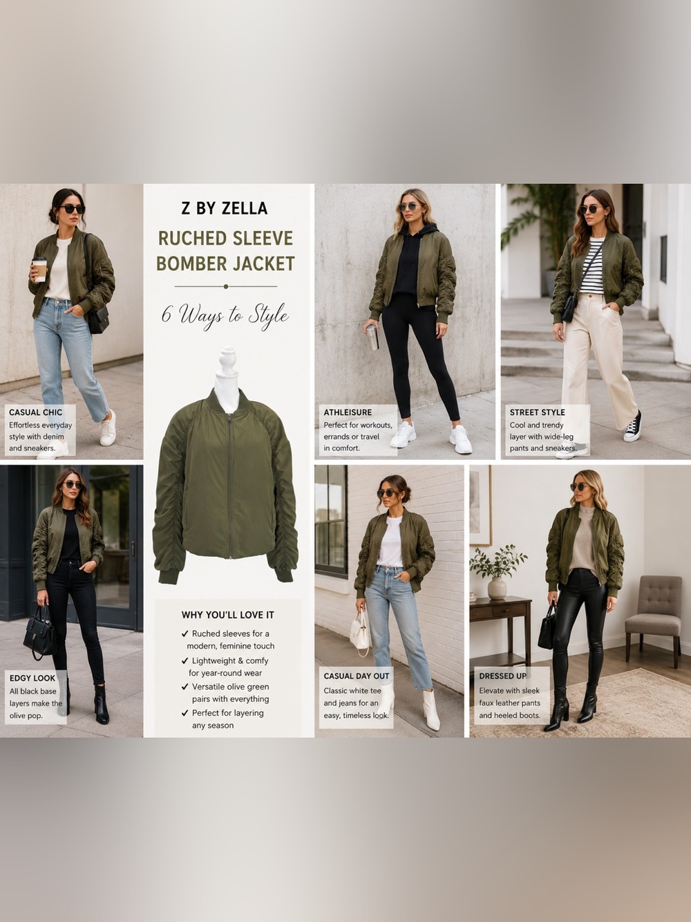 Z by Zella Ruched Sleeve Bomber Jacket Olive Green Size Medium NWT - Picture 2 of 11